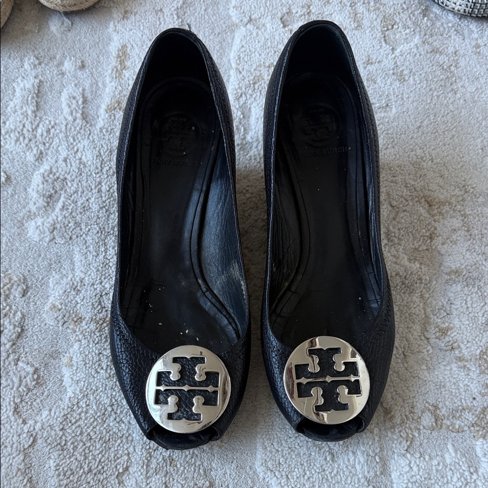 Tory Burch Black Leather Peep Toe Wedges